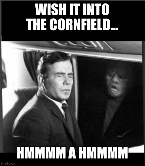 No Gremlins | WISH IT INTO THE CORNFIELD... HMMMM A HMMMM | image tagged in shatner twilight zone something on the wing,some thing | made w/ Imgflip meme maker