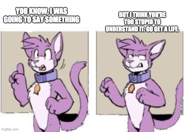 Furry hold on | YOU KNOW, I WAS GOING TO SAY SOMETHING BUT I THINK YOU'RE TOO STUPID TO UNDERSTAND IT. GO GET A LIFE. | image tagged in furry hold on | made w/ Imgflip meme maker