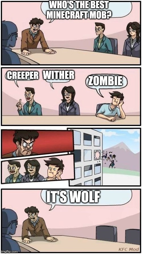 Boardroom Meeting Suggestion 3 |  WHO'S THE BEST MINECRAFT MOB? CREEPER; WITHER; ZOMBIE; IT'S WOLF | image tagged in boardroom meeting suggestion 3,minecraft,creeper | made w/ Imgflip meme maker