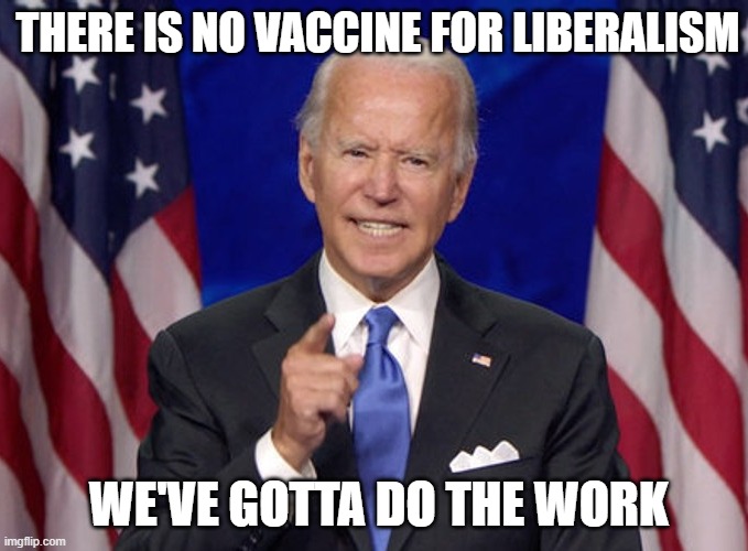 There is no vaccine for liberalism; We've gotta do the work | THERE IS NO VACCINE FOR LIBERALISM; WE'VE GOTTA DO THE WORK | image tagged in joe biden | made w/ Imgflip meme maker