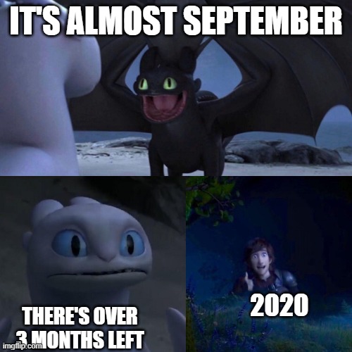 night fury | IT'S ALMOST SEPTEMBER; 2020; THERE'S OVER 3 MONTHS LEFT | image tagged in night fury,2020,toothless,end of the world | made w/ Imgflip meme maker