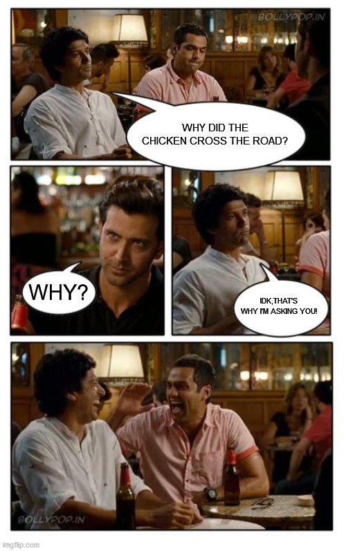 WHO KNOWS? :oP | WHY DID THE CHICKEN CROSS THE ROAD? WHY? IDK,THAT'S WHY I'M ASKING YOU! | image tagged in memes,znmd | made w/ Imgflip meme maker