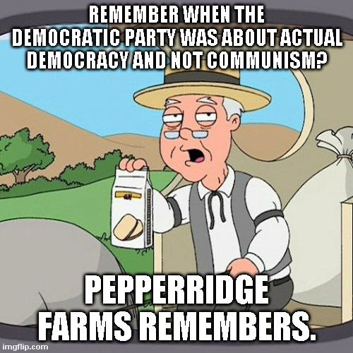 Pepperidge Farm Remembers | REMEMBER WHEN THE DEMOCRATIC PARTY WAS ABOUT ACTUAL DEMOCRACY AND NOT COMMUNISM? PEPPERRIDGE FARMS REMEMBERS. | image tagged in memes,pepperidge farm remembers | made w/ Imgflip meme maker