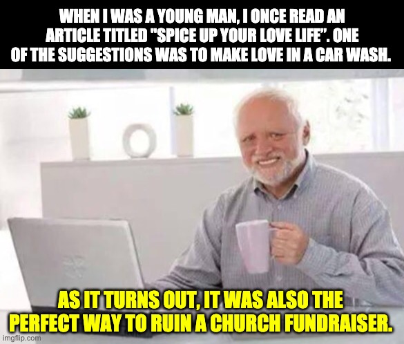Harold | WHEN I WAS A YOUNG MAN, I ONCE READ AN ARTICLE TITLED "SPICE UP YOUR LOVE LIFE”. ONE OF THE SUGGESTIONS WAS TO MAKE LOVE IN A CAR WASH. AS IT TURNS OUT, IT WAS ALSO THE PERFECT WAY TO RUIN A CHURCH FUNDRAISER. | image tagged in harold | made w/ Imgflip meme maker