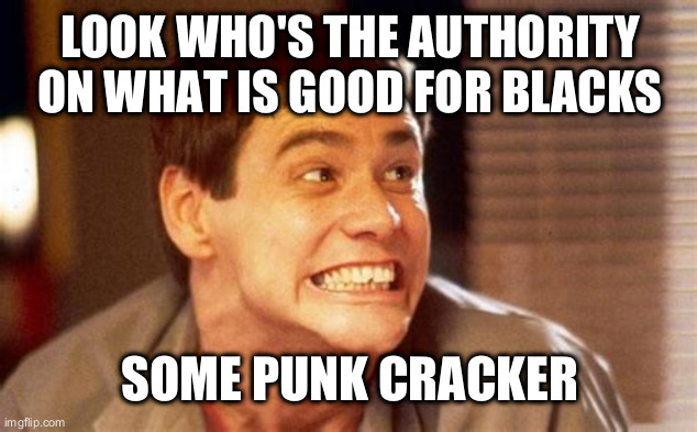 Plenty O' hypocrites out there | LOOK WHO'S THE AUTHORITY ON WHAT IS GOOD FOR BLACKS; SOME PUNK CRACKER | image tagged in jim | made w/ Imgflip meme maker