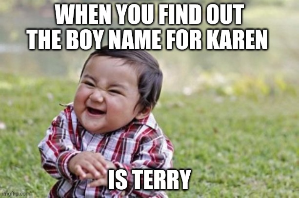 I am a boy yet I still made this meme | WHEN YOU FIND OUT THE BOY NAME FOR KAREN; IS TERRY | image tagged in memes,evil toddler,terry,karen | made w/ Imgflip meme maker