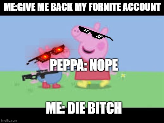 Gun Brother | ME:GIVE ME BACK MY FORNITE ACCOUNT; PEPPA: NOPE; ME: DIE BITCH | image tagged in gun brother | made w/ Imgflip meme maker
