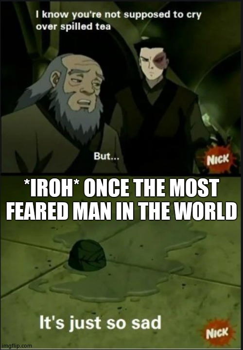 Iroh Spilled Tea | *IROH* ONCE THE MOST FEARED MAN IN THE WORLD | image tagged in iroh spilled tea | made w/ Imgflip meme maker