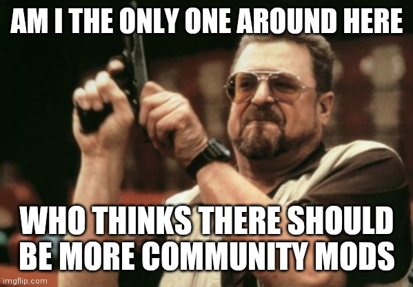 Am I The Only One Around Here | AM I THE ONLY ONE AROUND HERE; WHO THINKS THERE SHOULD BE MORE COMMUNITY MODS | image tagged in memes,am i the only one around here | made w/ Imgflip meme maker
