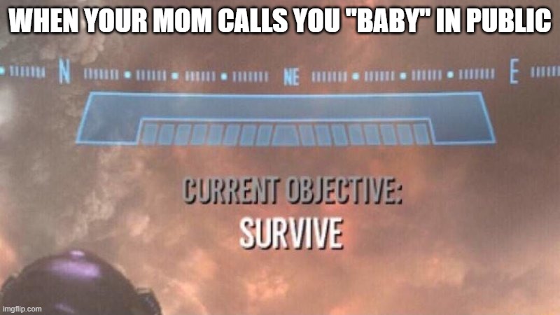 Current Objective: Survive | WHEN YOUR MOM CALLS YOU "BABY" IN PUBLIC | image tagged in current objective survive | made w/ Imgflip meme maker