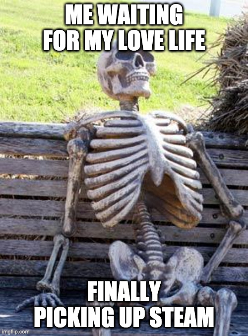 Just a short dry spell | ME WAITING FOR MY LOVE LIFE; FINALLY PICKING UP STEAM | image tagged in memes,waiting skeleton | made w/ Imgflip meme maker