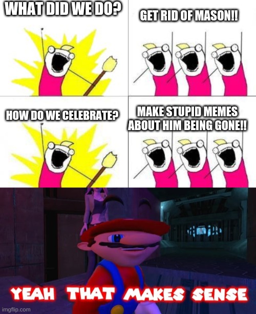 It's fun and why not | WHAT DID WE DO? GET RID OF MASON!! MAKE STUPID MEMES ABOUT HIM BEING GONE!! HOW DO WE CELEBRATE? | image tagged in memes,what do we want,mario that make sense,funny | made w/ Imgflip meme maker