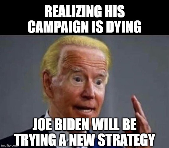 Joe Biden: "If you can't beat him, join him". | REALIZING HIS CAMPAIGN IS DYING; JOE BIDEN WILL BE
TRYING A NEW STRATEGY | image tagged in joe biden,orange man,strategy | made w/ Imgflip meme maker