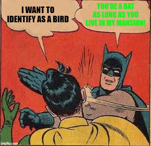 Batman Slapping Robin Meme | I WANT TO IDENTIFY AS A BIRD YOU'RE A BAT AS LONG AS YOU LIVE IN MY MANSION! | image tagged in memes,batman slapping robin | made w/ Imgflip meme maker