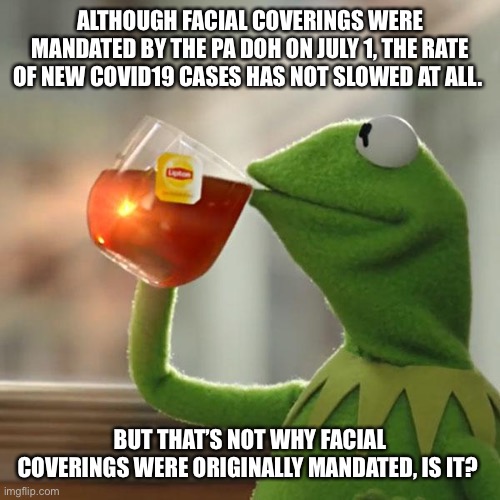 PA Dept of Insanity | ALTHOUGH FACIAL COVERINGS WERE MANDATED BY THE PA DOH ON JULY 1, THE RATE OF NEW COVID19 CASES HAS NOT SLOWED AT ALL. BUT THAT’S NOT WHY FACIAL COVERINGS WERE ORIGINALLY MANDATED, IS IT? | image tagged in memes,but that's none of my business,kermit the frog,masks,covid19 | made w/ Imgflip meme maker