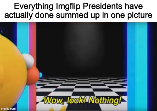 tbh how are you going to enforce law to someone through a computer screen | Everything Imgflip Presidents have actually done summed up in one picture | image tagged in wow look nothing | made w/ Imgflip meme maker