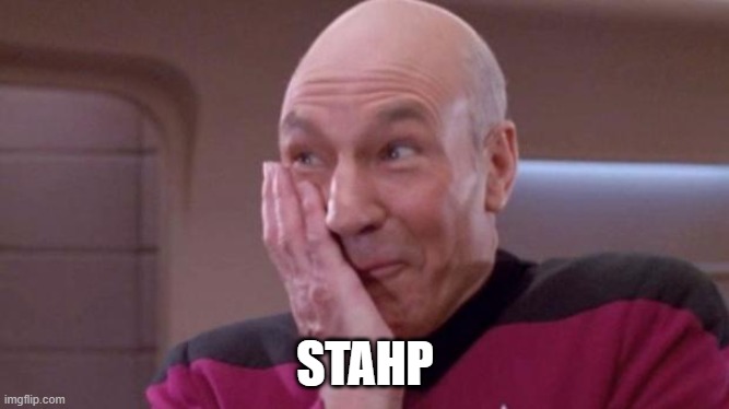 Picard giggle | STAHP | image tagged in picard giggle,stahp,funny,star trek,reactions,not funny | made w/ Imgflip meme maker