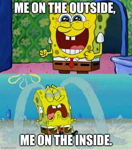 spongebob happy and sad | ME ON THE OUTSIDE, ME ON THE INSIDE. | image tagged in spongebob happy and sad | made w/ Imgflip meme maker