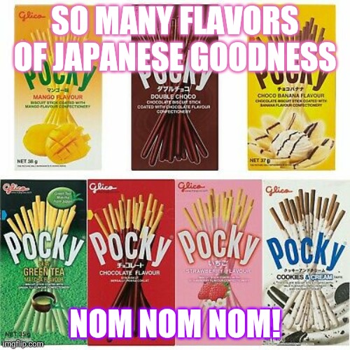 Morrrrrr Pocky | SO MANY FLAVORS OF JAPANESE GOODNESS; NOM NOM NOM! | image tagged in pocky,japanese,snacks,anime,food | made w/ Imgflip meme maker