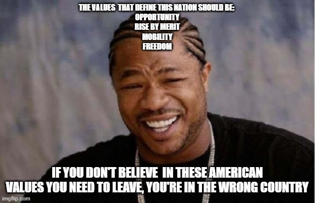 Yo Dawg Heard You | THE VALUES  THAT DEFINE THIS NATION SHOULD BE: 
OPPORTUNITY
RISE BY MERIT
MOBILITY
FREEDOM; IF YOU DON'T BELIEVE  IN THESE AMERICAN VALUES YOU NEED TO LEAVE, YOU'RE IN THE WRONG COUNTRY | image tagged in memes,yo dawg heard you | made w/ Imgflip meme maker