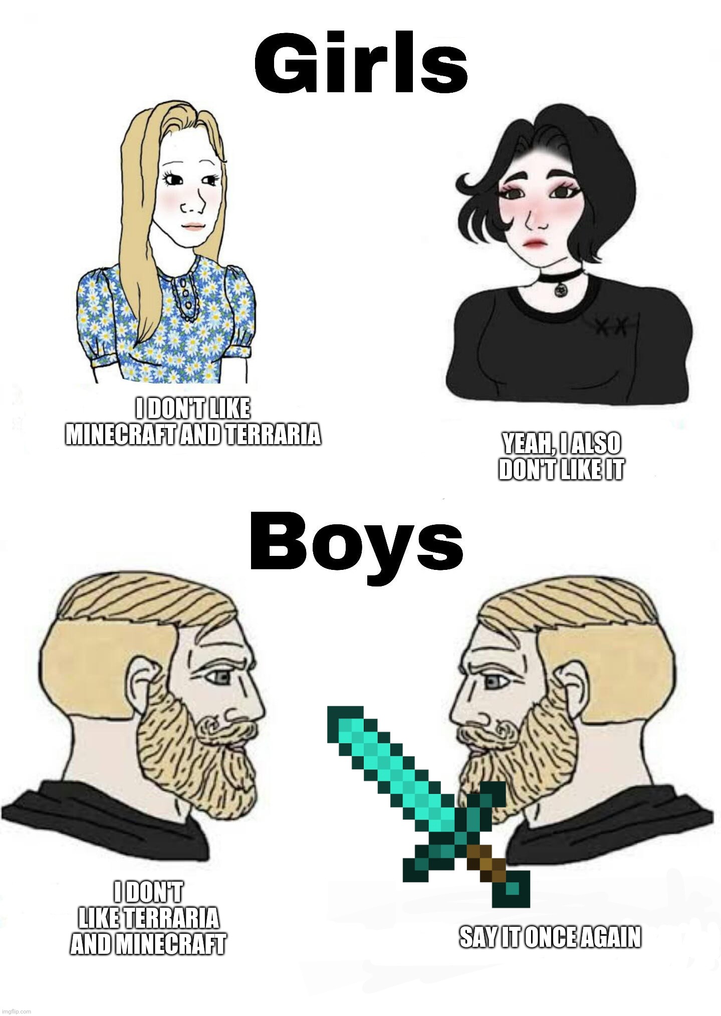 Who doesn't likes these? | YEAH, I ALSO DON'T LIKE IT; I DON'T LIKE MINECRAFT AND TERRARIA; I DON'T LIKE TERRARIA AND MINECRAFT; SAY IT ONCE AGAIN | image tagged in girls vs boys | made w/ Imgflip meme maker