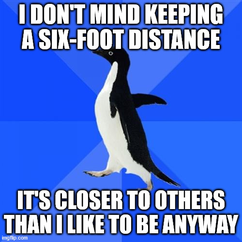 Being an Introvert got easier this year so I got that going for me |  I DON'T MIND KEEPING A SIX-FOOT DISTANCE; IT'S CLOSER TO OTHERS THAN I LIKE TO BE ANYWAY | image tagged in memes,socially awkward penguin,coronavirus,social distancing,introverts | made w/ Imgflip meme maker