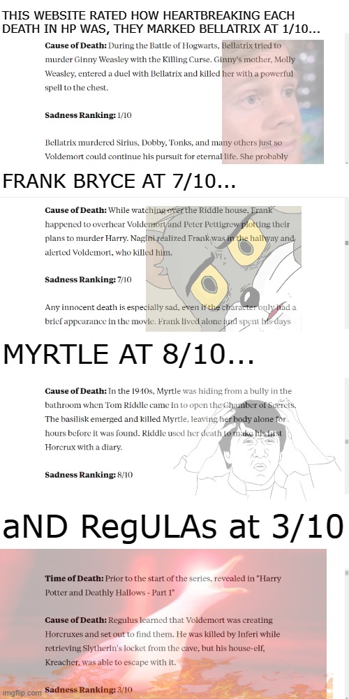 rip regulas...you would be shocked to see the full list in the comments | THIS WEBSITE RATED HOW HEARTBREAKING EACH DEATH IN HP WAS, THEY MARKED BELLATRIX AT 1/10... FRANK BRYCE AT 7/10... MYRTLE AT 8/10... aND RegULAs at 3/10 | made w/ Imgflip meme maker