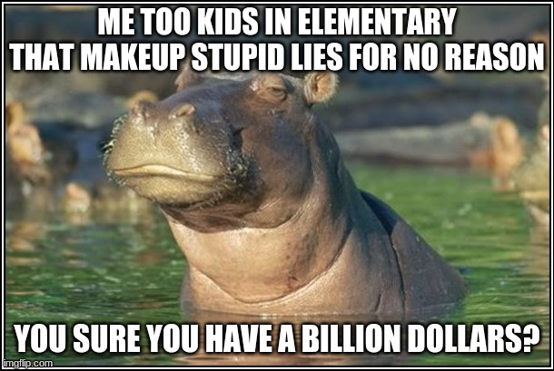 Really |  ME TOO KIDS IN ELEMENTARY THAT MAKEUP STUPID LIES FOR NO REASON; YOU SURE YOU HAVE A BILLION DOLLARS? | image tagged in skeptical hippo | made w/ Imgflip meme maker