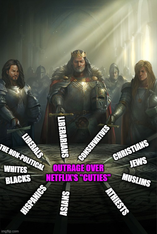 Cuties | CONSERVATIVES; LIBERARIANS; LIBERALS; CHRISTIANS; THE NON-POLITICAL; JEWS; OUTRAGE OVER NETFLIX'S "CUTIES"; WHITES; BLACKS; MUSLIMS; HISPANICS; ATHIESTS; ASIANS | image tagged in swords united,netflix,cuties,pedo,disgusting,unity | made w/ Imgflip meme maker