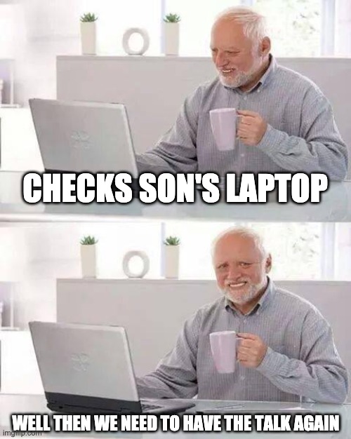 Hide the Pain Harold | CHECKS SON'S LAPTOP; WELL THEN WE NEED TO HAVE THE TALK AGAIN | image tagged in memes,hide the pain harold | made w/ Imgflip meme maker