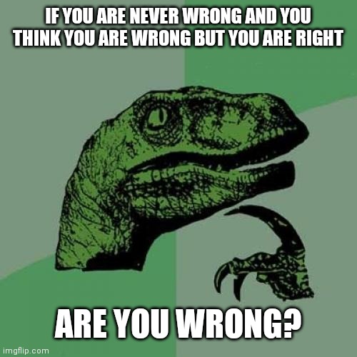 ?? | IF YOU ARE NEVER WRONG AND YOU THINK YOU ARE WRONG BUT YOU ARE RIGHT; ARE YOU WRONG? | image tagged in memes,philosoraptor | made w/ Imgflip meme maker