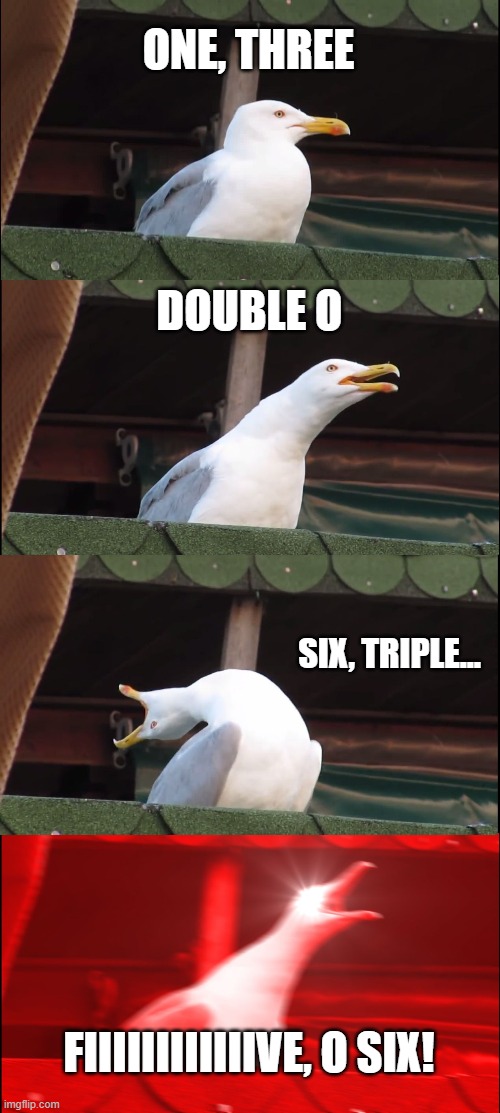 Inhaling Seagull Meme | ONE, THREE DOUBLE O SIX, TRIPLE... FIIIIIIIIIIIIVE, O SIX! | image tagged in memes,inhaling seagull | made w/ Imgflip meme maker