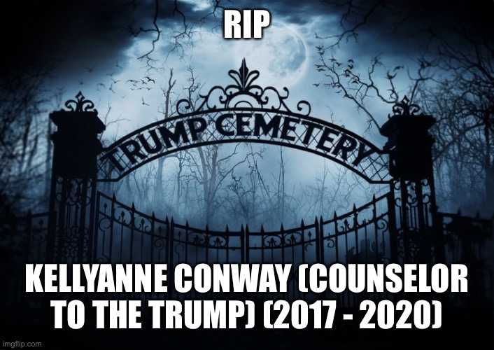RIP Kellyanne Conway | RIP; KELLYANNE CONWAY (COUNSELOR TO THE TRUMP) (2017 - 2020) | image tagged in kellyanne conway,donald trump,rip,trump administration,trump cemetery,trump supporters | made w/ Imgflip meme maker