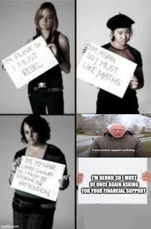 Stereotype Me |  I'M BERNIE SO I MUST BE ONCE AGAIN ASKING FOR YOUR FINANCIAL SUPPORT | image tagged in stereotype me,memes,funny,bernie i am once again asking for your support | made w/ Imgflip meme maker