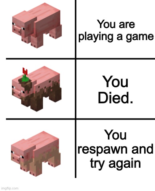 Pig, Muddy Pig, and Dirty Pig | You are playing a game; You Died. You respawn and try again | image tagged in pig muddy pig and dirty pig | made w/ Imgflip meme maker