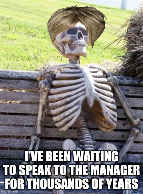 Karen Being Overly Dramatic | I'VE BEEN WAITING TO SPEAK TO THE MANAGER FOR THOUSANDS OF YEARS | image tagged in memes,waiting skeleton | made w/ Imgflip meme maker