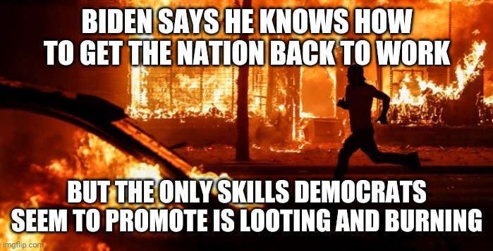 Looting isn't a job folks... | BIDEN SAYS HE KNOWS HOW TO GET THE NATION BACK TO WORK; BUT THE ONLY SKILLS DEMOCRATS SEEM TO PROMOTE IS LOOTING AND BURNING | image tagged in rioter,democrats | made w/ Imgflip meme maker