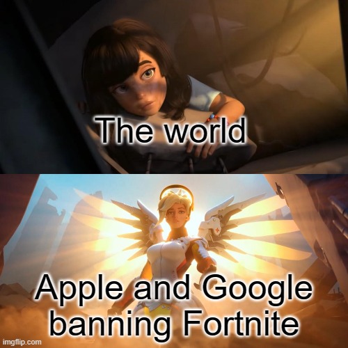 Overwatch Mercy Meme | The world; Apple and Google banning Fortnite | image tagged in overwatch mercy meme,fortnite sucks | made w/ Imgflip meme maker