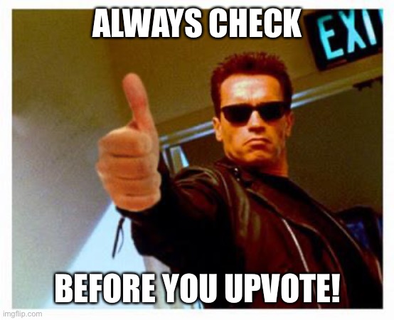 terminator thumbs up | ALWAYS CHECK BEFORE YOU UPVOTE! | image tagged in terminator thumbs up | made w/ Imgflip meme maker