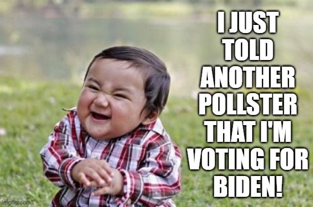 Stick your poll up your cornhole. We are the silent. We are the majority. | I JUST
TOLD
ANOTHER
POLLSTER
THAT I'M
VOTING FOR
BIDEN! | image tagged in memes,evil toddler,polls | made w/ Imgflip meme maker