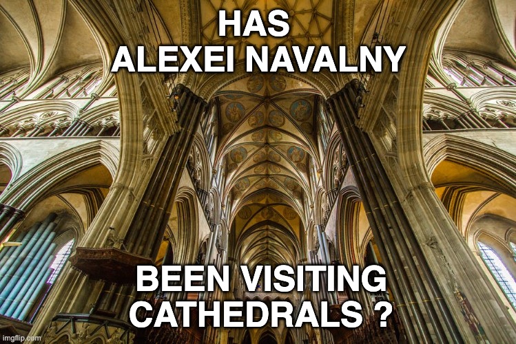 Alexei Navalny | HAS 
ALEXEI NAVALNY; BEEN VISITING CATHEDRALS ? | image tagged in poison,political meme,russia,salisbury,alexei navalny | made w/ Imgflip meme maker
