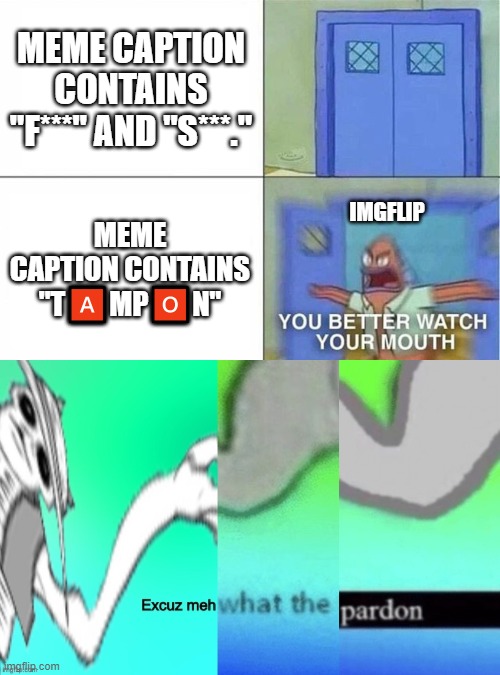 Hence my previous meme being marked NSFW. | MEME CAPTION CONTAINS "F***" AND "S***."; MEME CAPTION CONTAINS "T🅰MP🅾N"; IMGFLIP | image tagged in you better watch your mouth 2-panel,excuz meh what the pardon | made w/ Imgflip meme maker