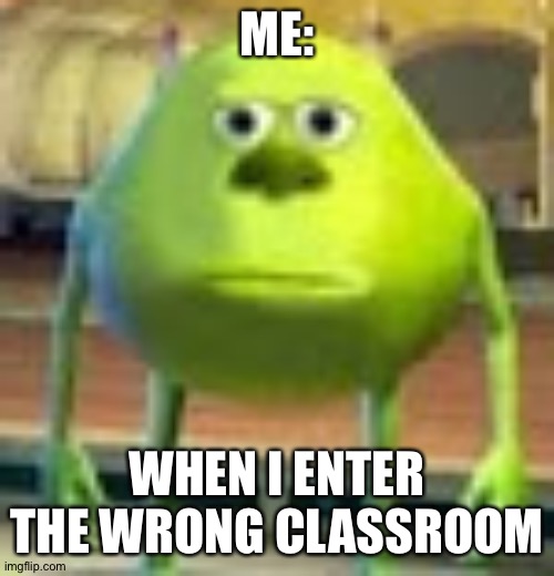 Happened to me a few times in life but when I do I look exactly like this | ME:; WHEN I ENTER THE WRONG CLASSROOM | image tagged in sully wazowski | made w/ Imgflip meme maker