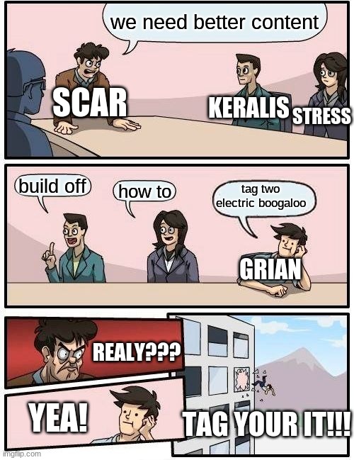 Boardroom Meeting Suggestion Meme | we need better content; SCAR; KERALIS; STRESS; build off; tag two electric boogaloo; how to; GRIAN; REALY??? YEA! TAG YOUR IT!!! | image tagged in memes,boardroom meeting suggestion | made w/ Imgflip meme maker
