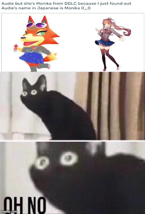 Oh no cat | image tagged in oh no cat,ddlc,animal crossing | made w/ Imgflip meme maker