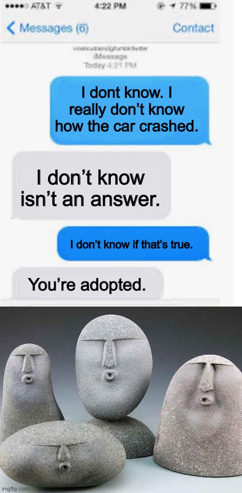 Blank text conversation | I dont know. I really don’t know how the car crashed. I don’t know isn’t an answer. I don’t know if that’s true. You’re adopted. | image tagged in blank text conversation | made w/ Imgflip meme maker