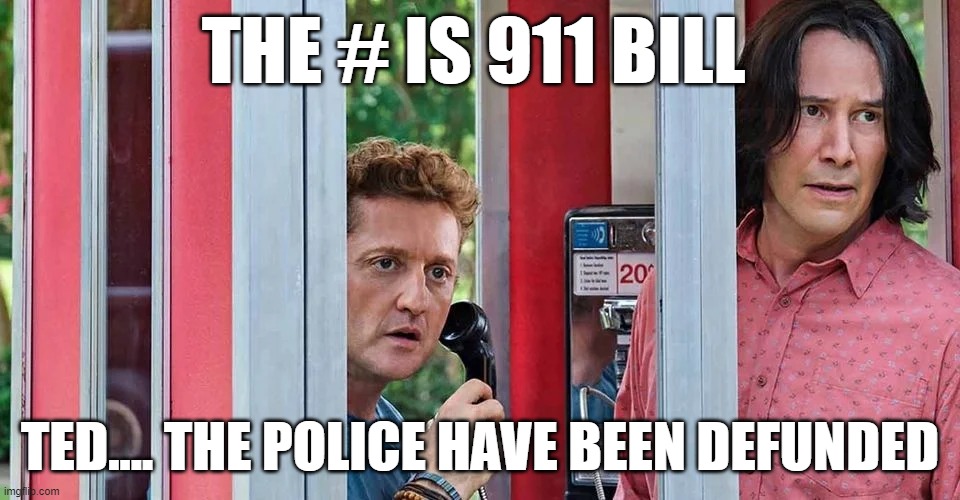 Only the "old heads" will get it | THE # IS 911 BILL; TED.... THE POLICE HAVE BEEN DEFUNDED | image tagged in bill and ted,defund police,police state,nwo,nwo police state | made w/ Imgflip meme maker