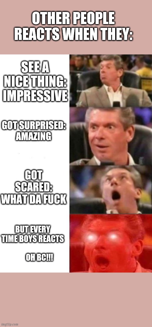 Mr. McMahon reaction | OTHER PEOPLE REACTS WHEN THEY:; SEE A NICE THING:
IMPRESSIVE; GOT SURPRISED:
AMAZING; GOT SCARED:
WHAT DA FUCK; BUT EVERY TIME BOYS REACTS
                      OH BC!!! | image tagged in mr mcmahon reaction | made w/ Imgflip meme maker