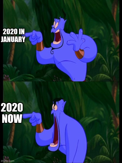 Meme | 2020 IN JANUARY; 2020 NOW | image tagged in aladdin surprised genie jaw drop,2020 memes,genie,aladdin memes,why is the rum gone | made w/ Imgflip meme maker