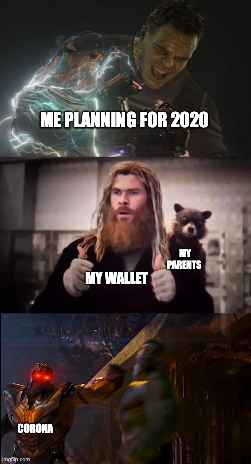 2020 | ME PLANNING FOR 2020; MY PARENTS; MY WALLET; CORONA | image tagged in vengeance thanos | made w/ Imgflip meme maker
